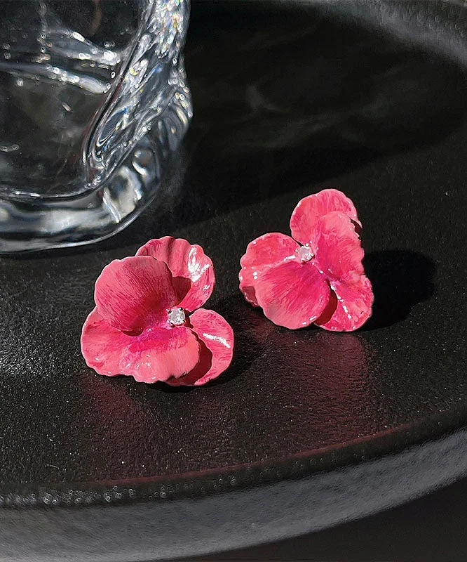 Oversize Pink Copper Zircon Floral Oil Drip Stud Earrings