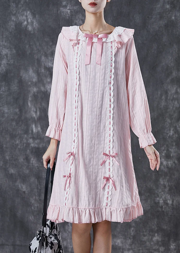 Fitted Pink Ruffled Patchwork Bow Cotton Long Dress Spring