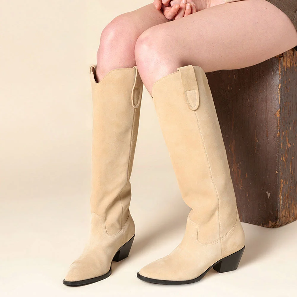 Beige Vegan Suede Chunky Heel Round Toe Western Boots for Women