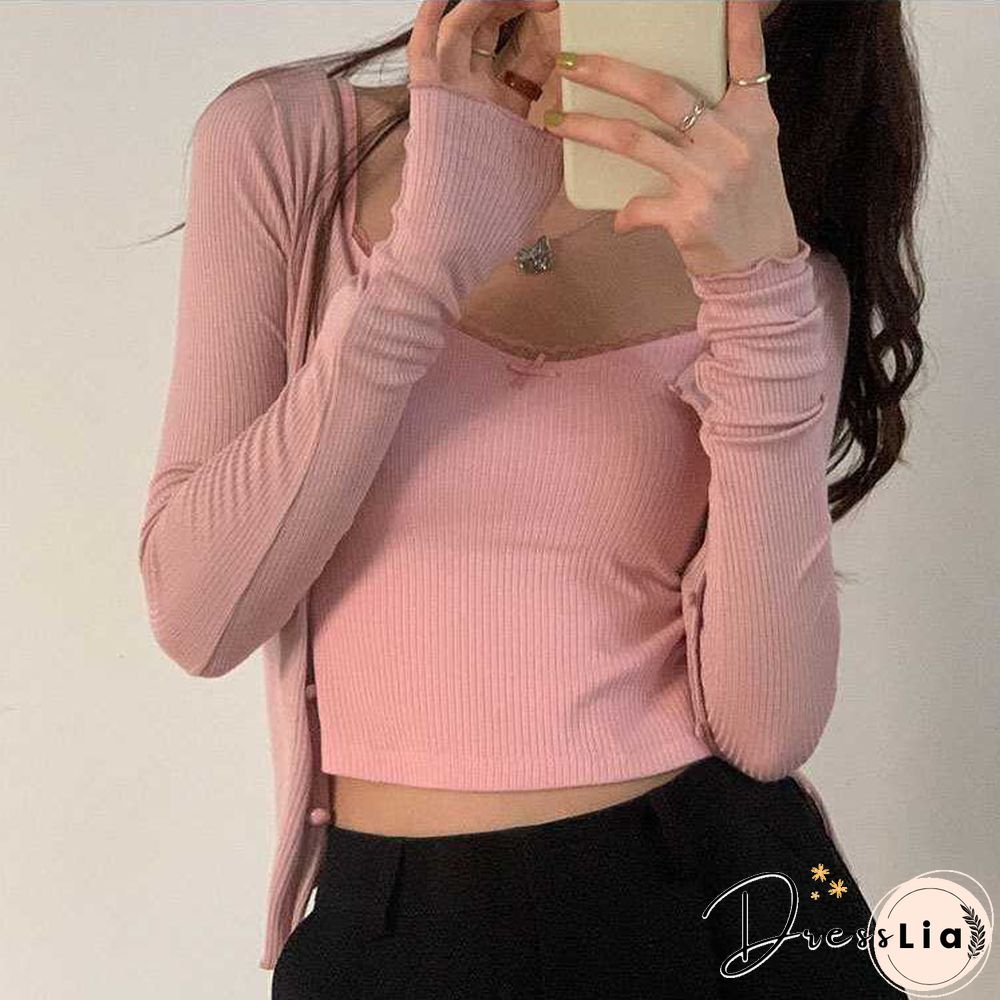 Ribbed Knit Flower Prints Cropped Cami Tops Lace Trim Tank