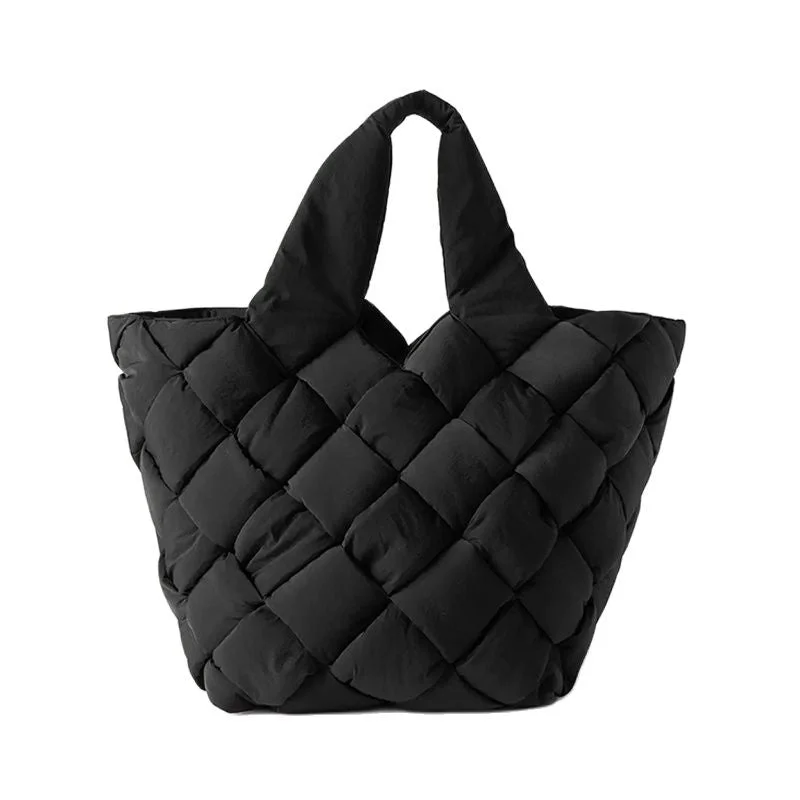 Winter Woven Nylon Padded Tote Handbag Large Capacity Feather Down Quilted Shoulder Bag with Small Phone Purse Luxury Pillow Bag