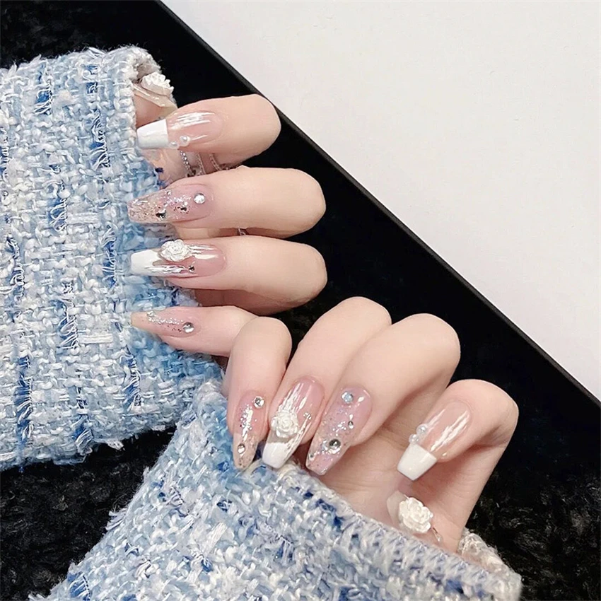 Bayuyun 24Pcs/Set Coffee Leopard French Fake Nails with Diamonds Japan Korean Artificial Acrylic Press on Nails Removable Stick on Nails