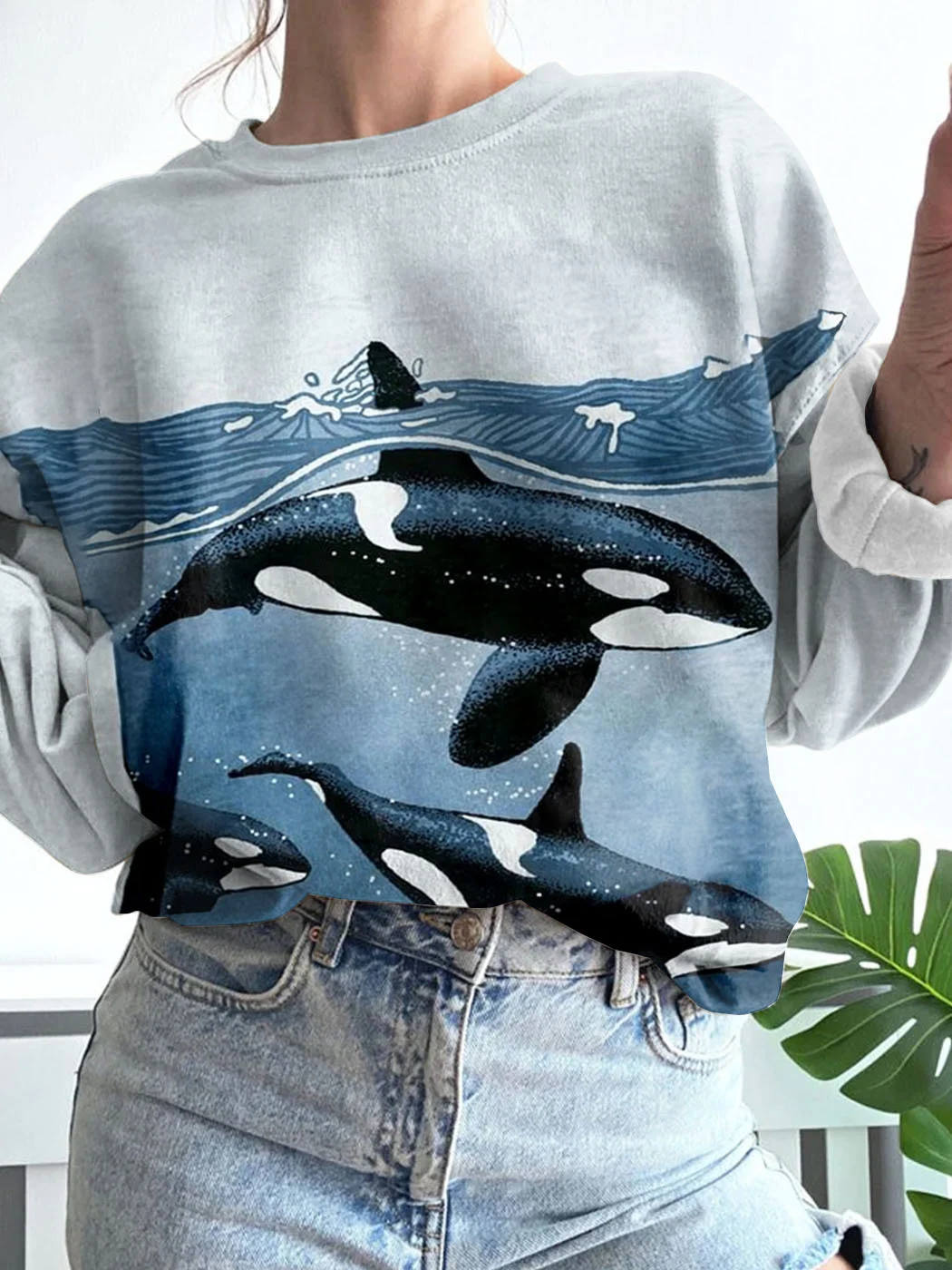Whales & Waves Art Graphic Casual Cozy Sweatshirt / DarkAcademias /Darkacademias