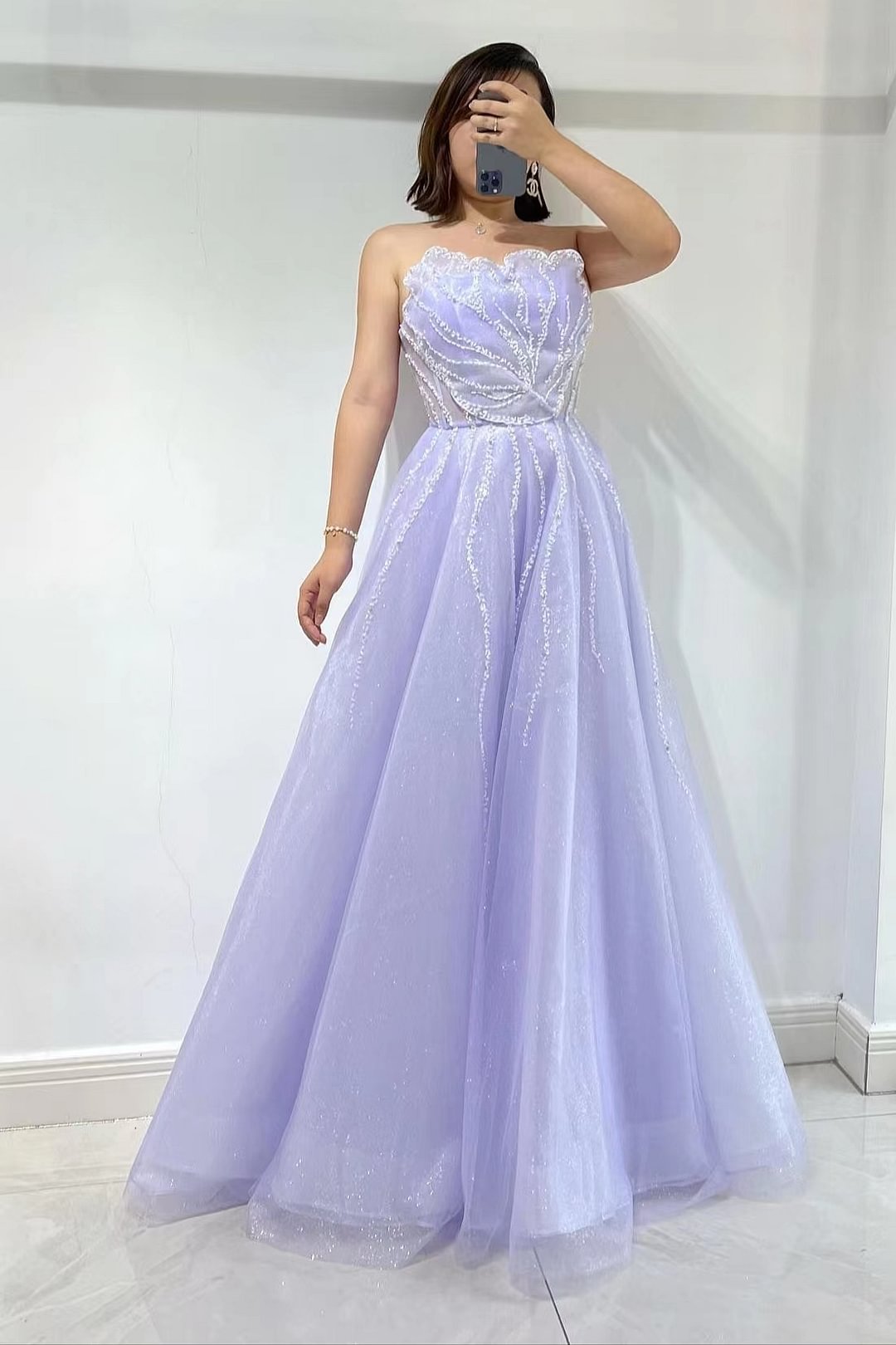 Lila trägerlos ärmellos A-Linie mit Tülle Abendkleid mit Pailletten Perlen ED0384 Lunass