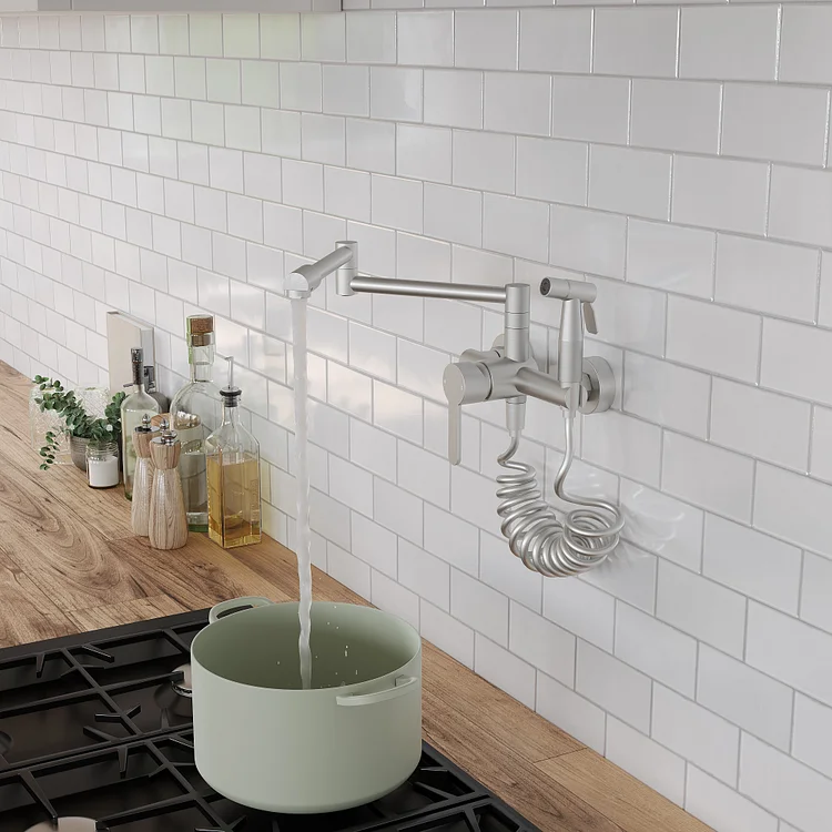 Wall Mounted Pot Filler Kitchen Faucet with 180° Swivel Spout and Sprayer SFS-1087-NK