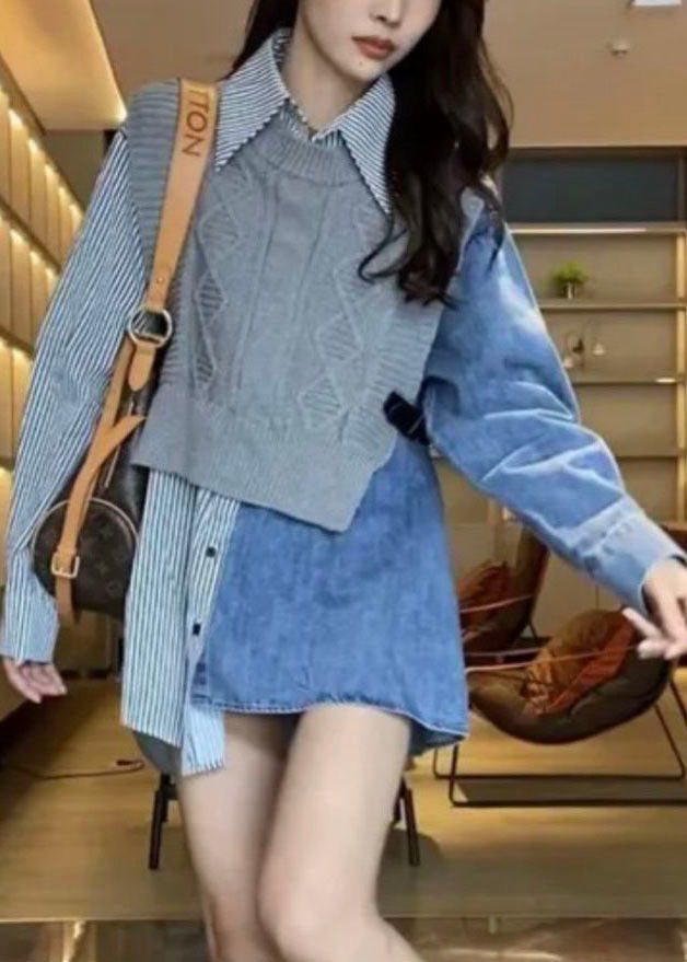 VCSHOES Colorblock Denim Patchwork Knit Striped Cotton Shirts Spring
