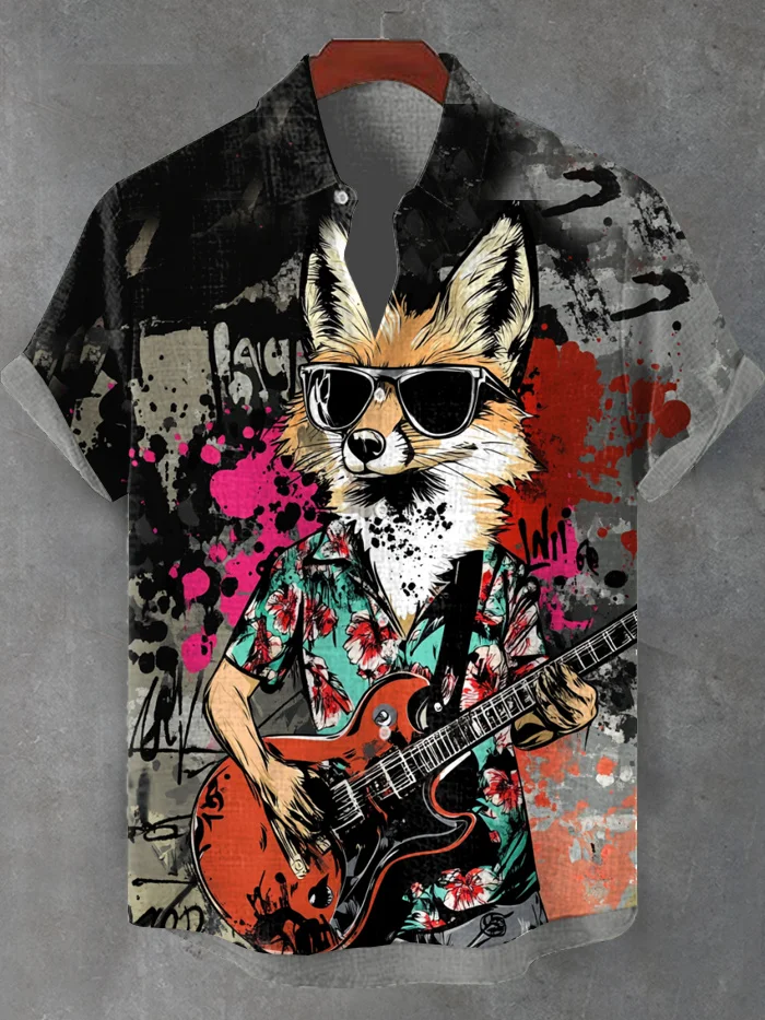 Men's Rock Fox Guitar Player Graffiti Art Print Shirt
