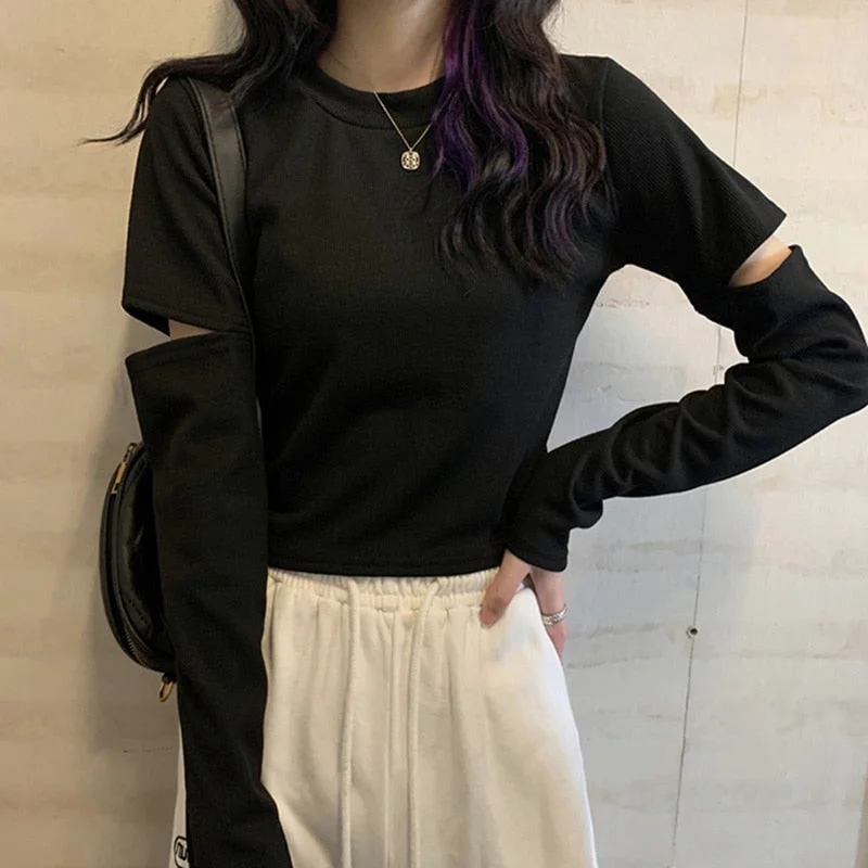 autumn Long Sleeve Hole Women T-shirts slim Black Crop Top young girl T Shirt Fashion korean basic short T-Shirt women clothing