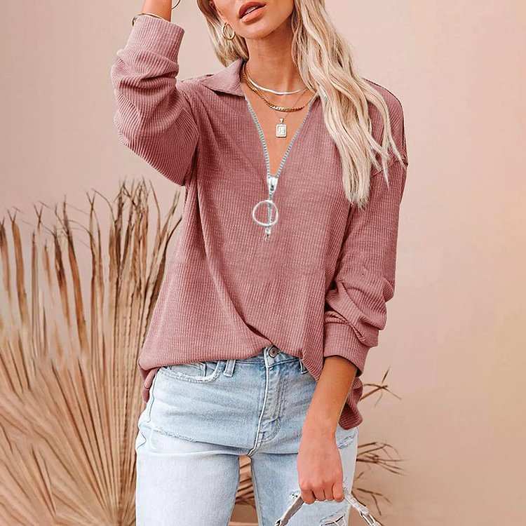 Women's Casual Solid Color Loose Zipper V-neck Long-sleeved Loose Top
