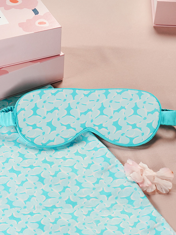Ensemble de taie d'oreiller en soie et Masque de nuit en soie florale Bleu ciel 1