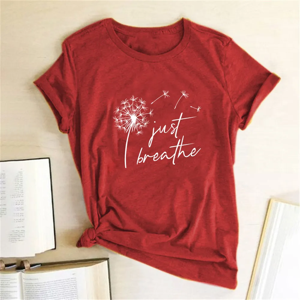 Dandelion Just Breathe Printed T-shirts Women Summer ShirtsFor Sleeve Graphic Tee Harajuku