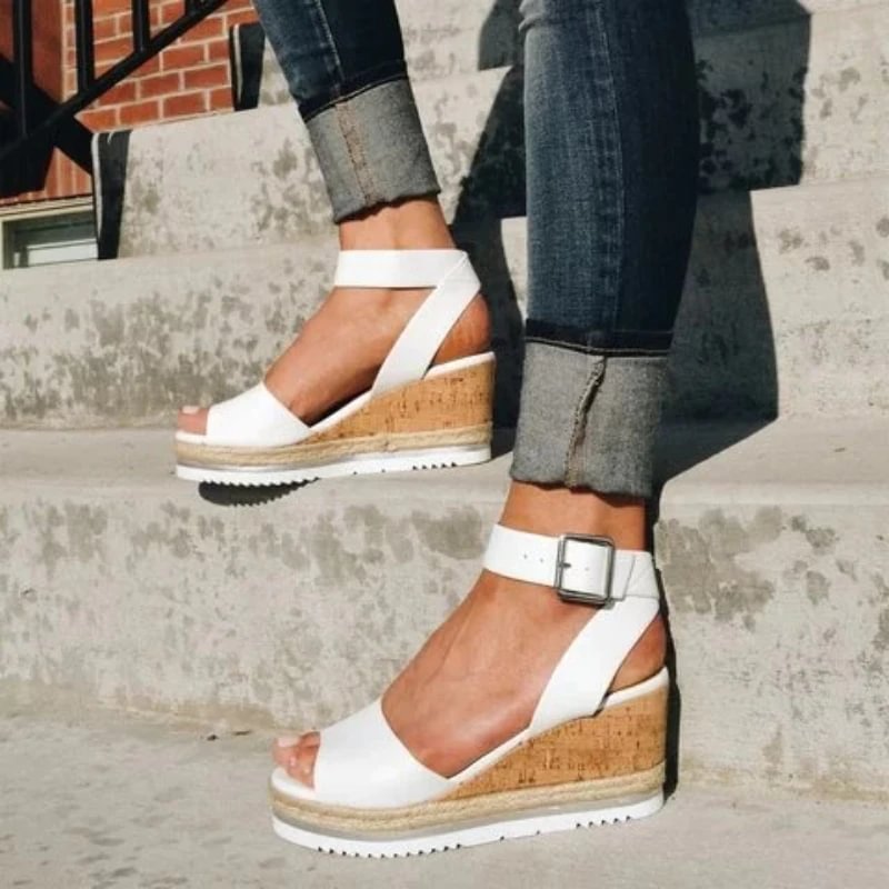 Qengg New Women's Sandals Fish Mouth Buckle Solid Color Wedge Flats Thick Sole Comfortable Casual Beach Shoes Plus Size Sandalia Nuvem