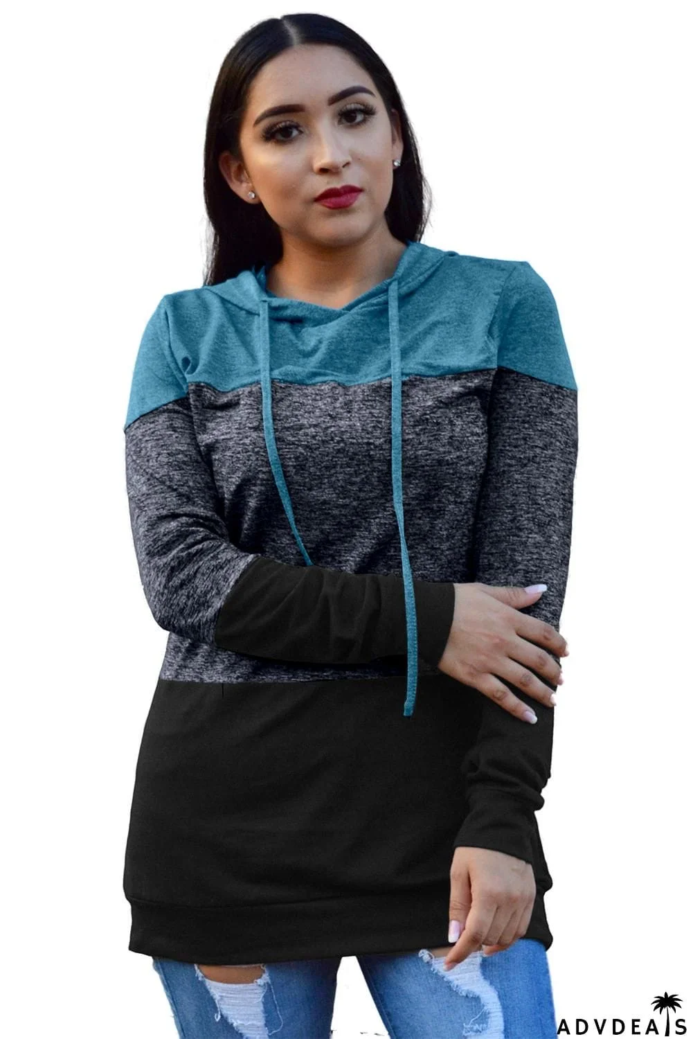 Sky Blue Black Color Block Long Sleeve Pullover Knit Hoodie