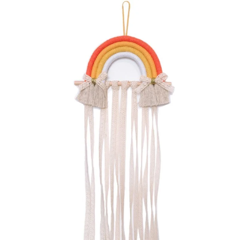 INS Nordic Rainbow Tassel Wall Hanging Ornaments Hair Bows Storage Belt Girls Room Decoration Hair Clips Hanger Organizer Strip