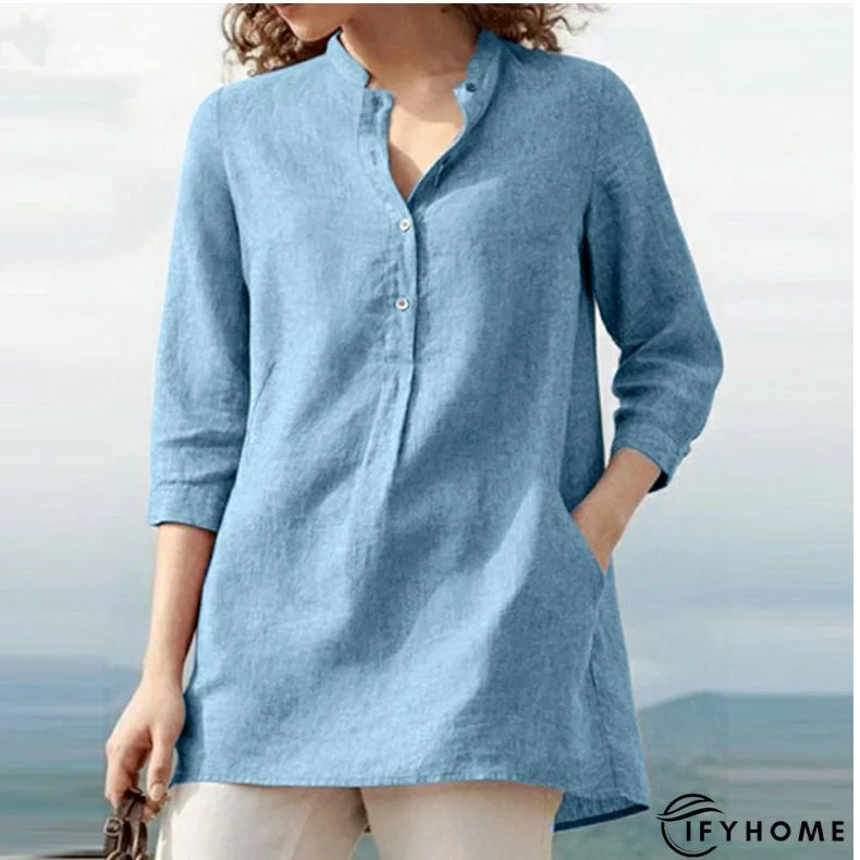 Women's Loosen Plain Casual T-shirt Tee 3/4 Length Sleeve V-Neck Button Fall Spring | IFYHOME