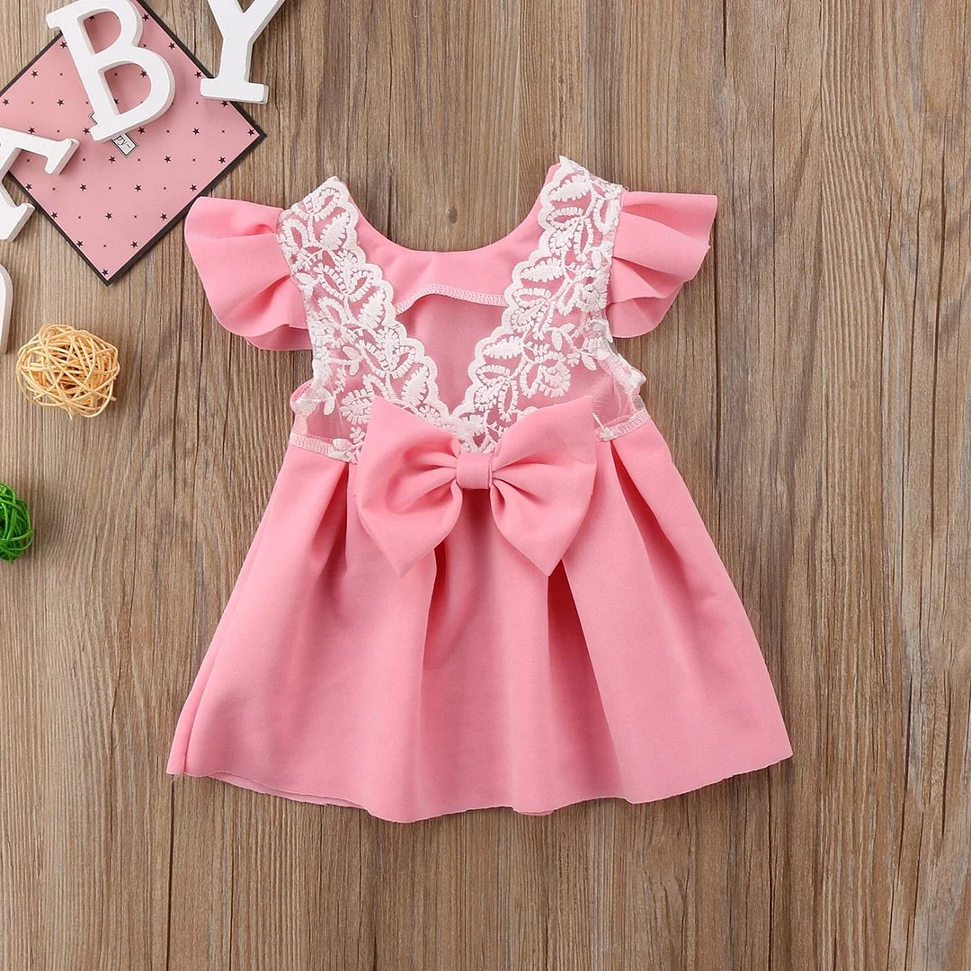 2019 Brand New Toddler Infant Kids Baby Girl Lace Princess Dress Bow Ruffled Backless Sundress Cute Children Summer Dress 3M-3T
