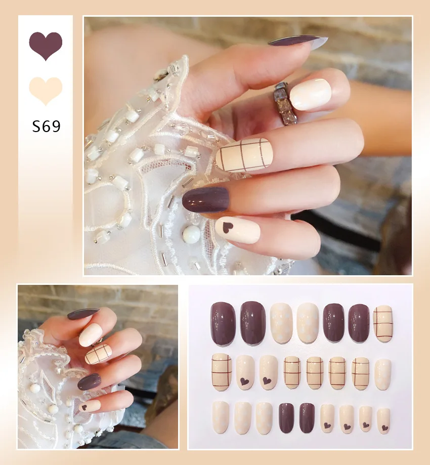 Bayuyun 24Pcs/Set Coffee Leopard French Fake Nails with Diamonds Japan Korean Artificial Acrylic Press on Nails Removable Stick on Nails