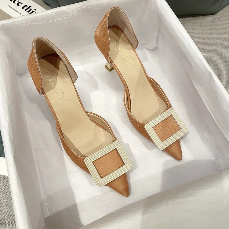 2021 Summer New Shoes Women's Shoes Slip-on Shoes Summer Pu Pointed Toe Horseshoe Heel Low Mouth High Heel Satin PU creamy-white