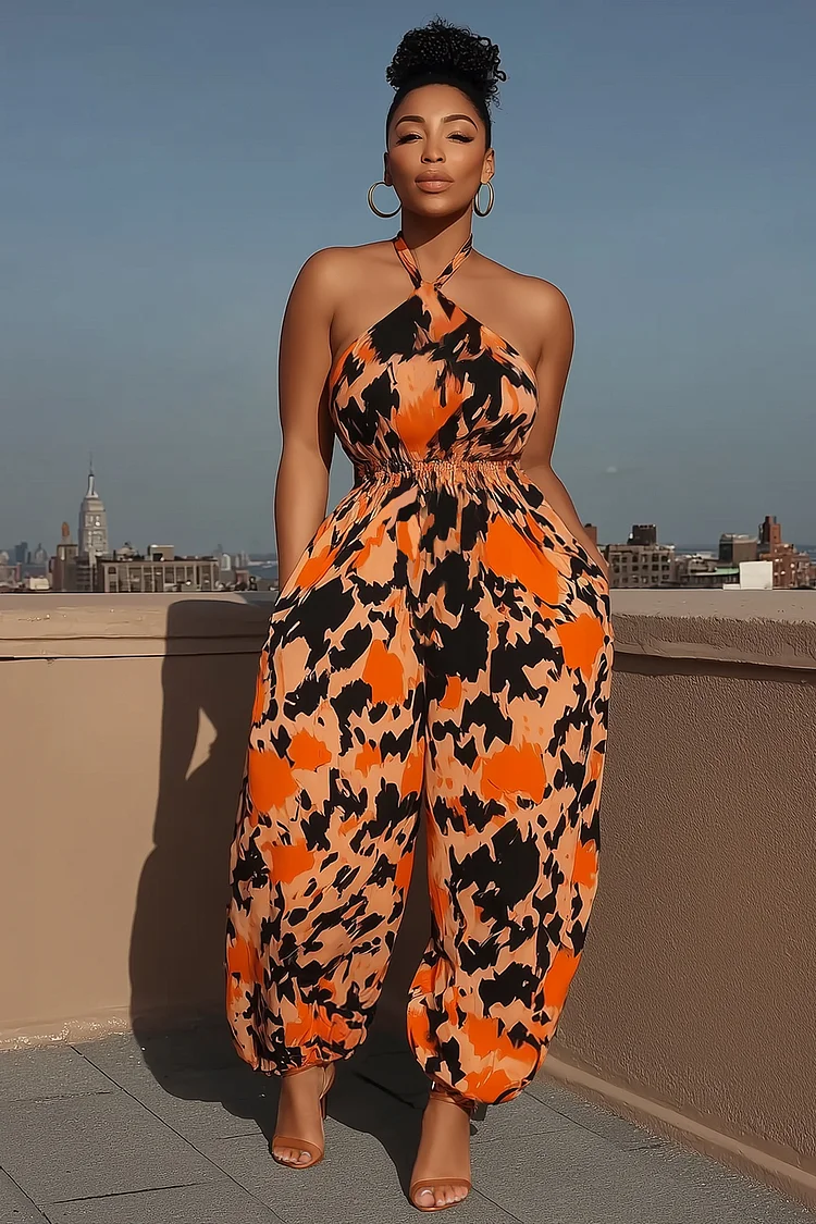 Allover Print Halter Cinched Vacay Tapered Leg Jumpsuit-Orange [Pre Order]