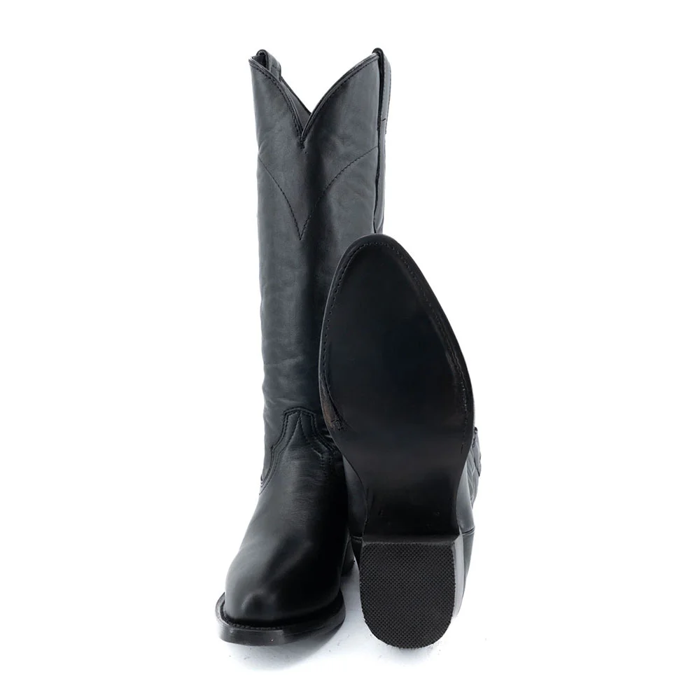 Chunky Heel Round Toe Slip-On Black Western Boots for Women