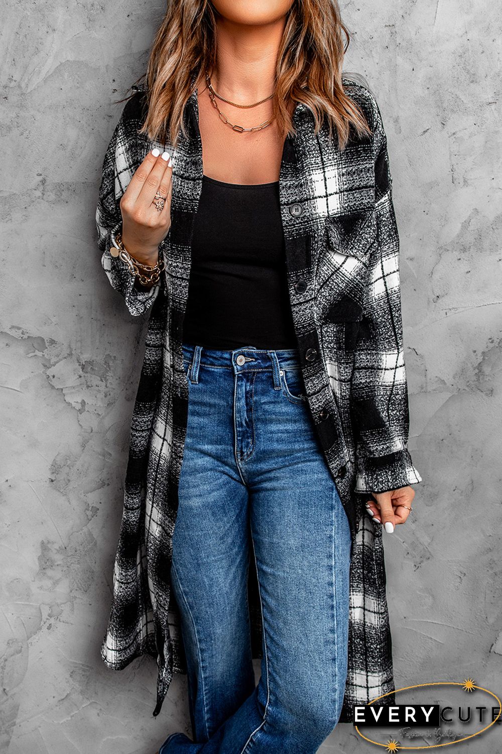 Black Plaid Print Buttoned Pocketed Long Sleeve Long Coat