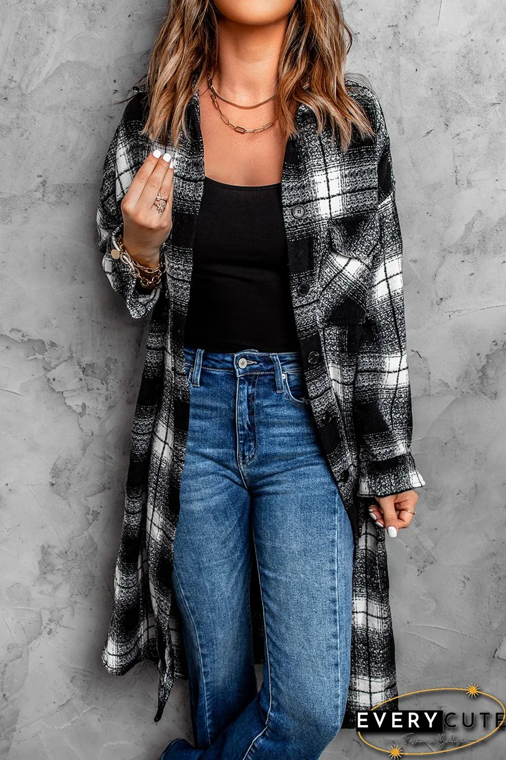 Black Plaid Print Buttoned Pocketed Long Sleeve Long Coat