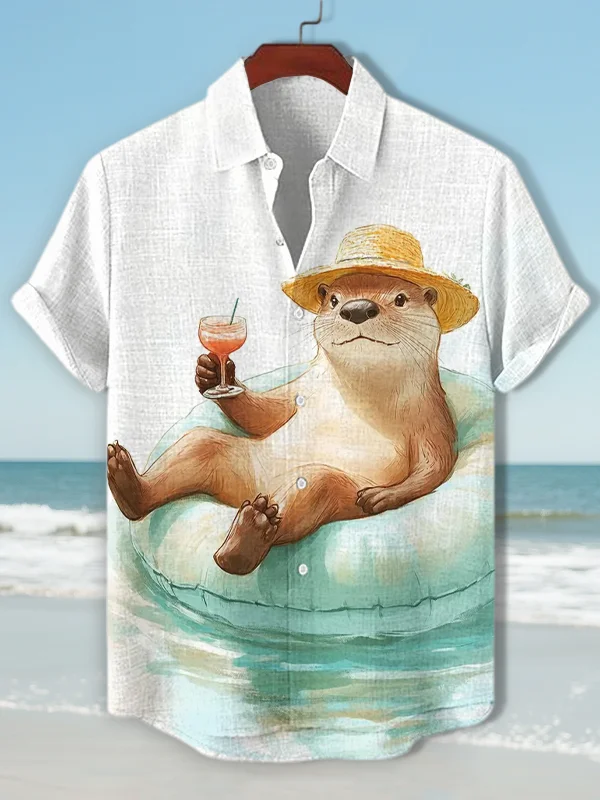 Men's Summer Otter Pool Float Art Print Casual Shirt