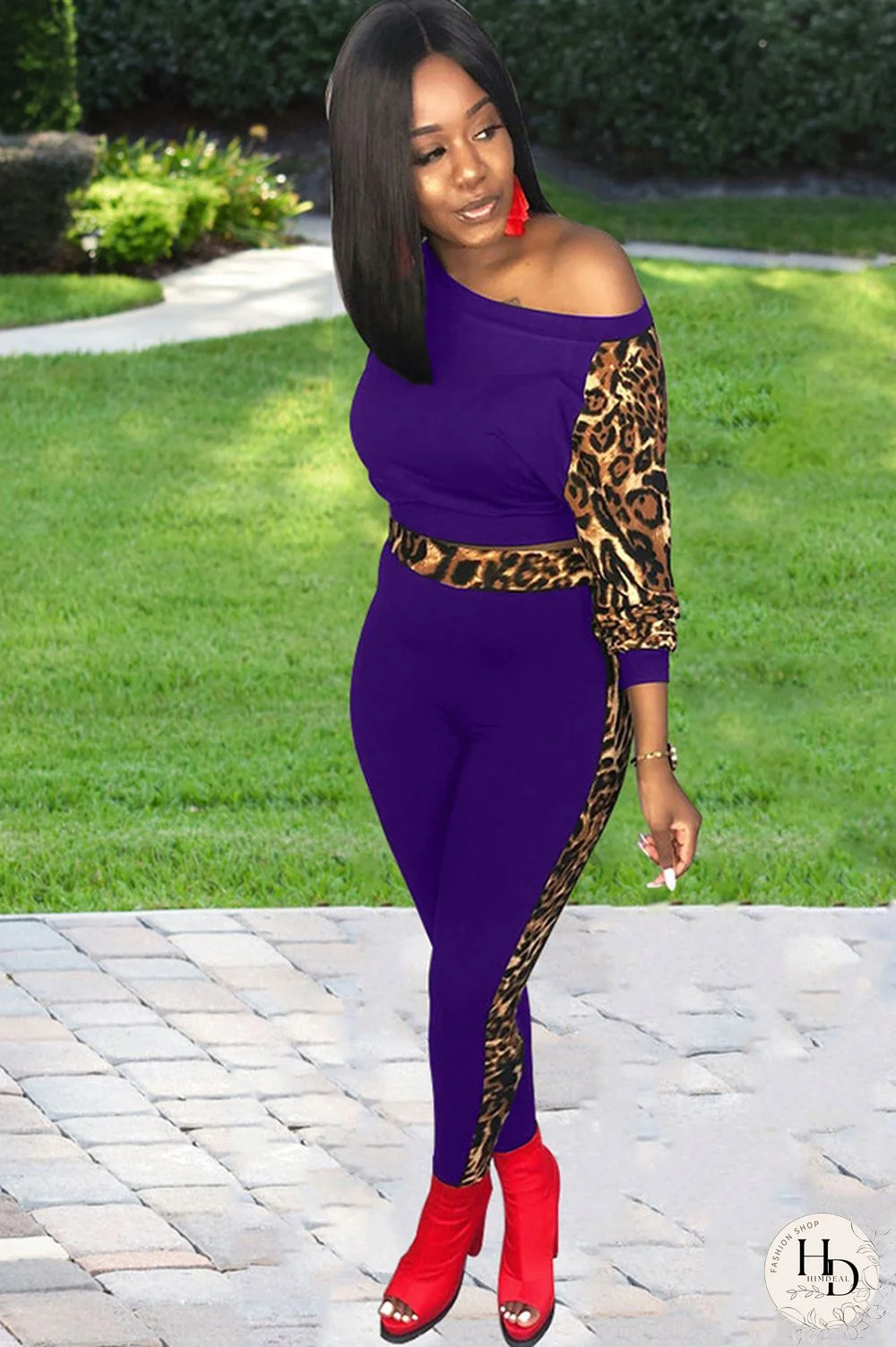 purple Casual Two Piece Suits Leopard Patchwork pencil Long Sleeve Two-piece Pants Set