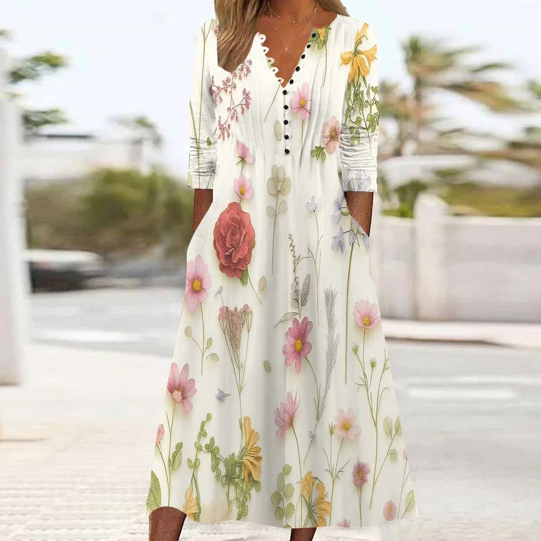Women Floral,Apricot DZHB8364 Long Sleeve V-Neck Graphic Printed Midi Dress