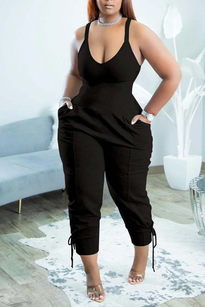 Sexy Solid Split Joint Spaghetti Strap Regular Jumpsuits