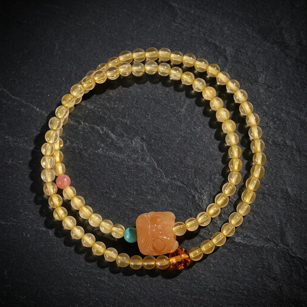 JiStones Radiant Citrine Double-Layer Guardian Bracelet - Handcrafted Golden Crystal Jewelry Petite 4mm Golden Citrine & Guardian Charm