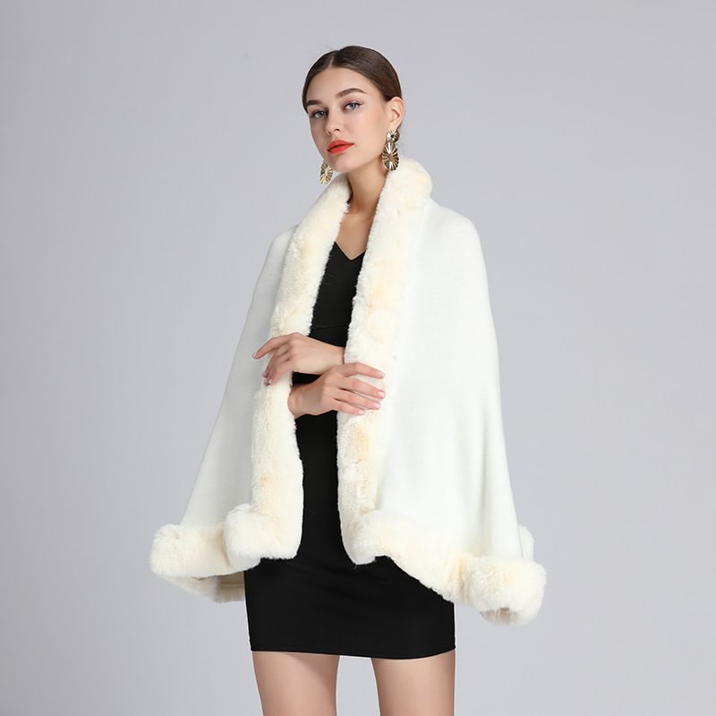 Imitation Rex Rabbit Fur Collar Shawl Cape Oversized Cardigan For Women