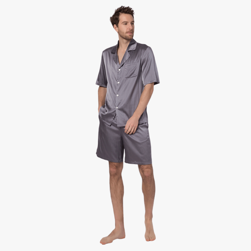 22MOMME Pyjama en soie classique col cranté gris homme- SOIE PLUS