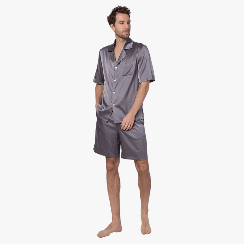 22MOMME Pyjama en soie classique col cranté gris homme-Soie Plus