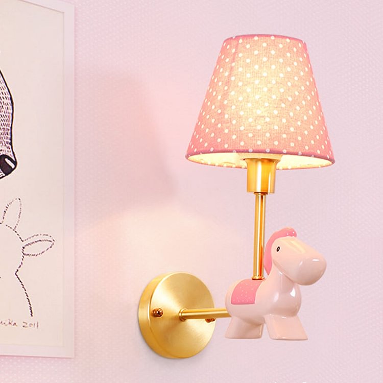 Blue/Pink Trojan Horse Wall Sconce Kids 1 Head Resin LED Wall Lamp with Barrel Star/Dot Fabric Shade