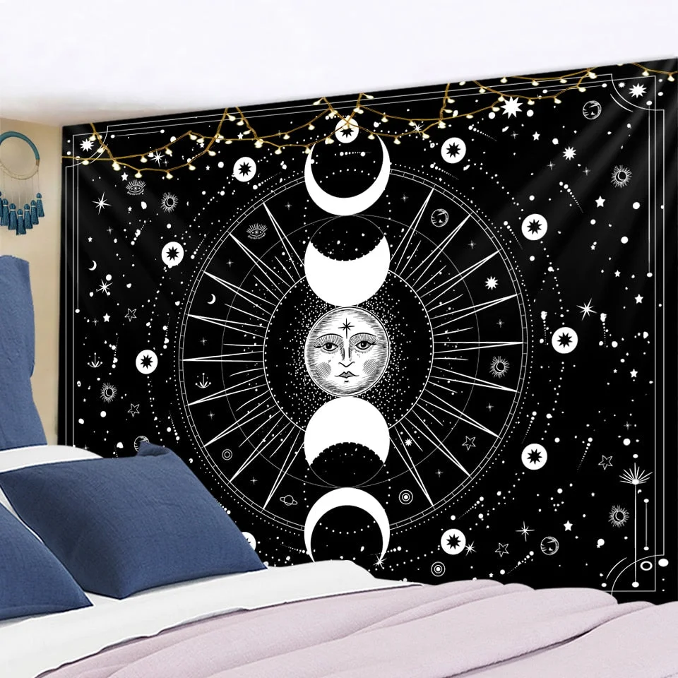 Golden Sun Moon Tapestry Wall Hanging Indian Mandala Boho Printed Psychedelic Tapiz Witchcraft Wall Cloth Tapestries
