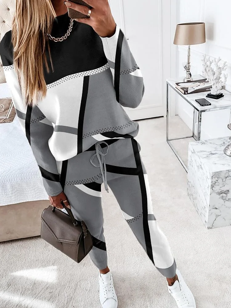 Women Casual Long Sleeve Round Neck Graphic Two-Piece Set