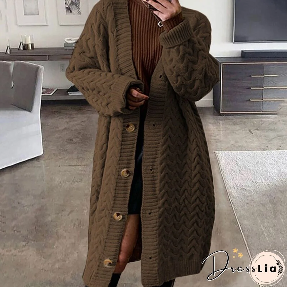 Fall Winter Warm Thick Wool Solid Outerwear Women Fashion Vintage Single Breasted Jackets Knitted Long Sweater Ladies Cardigan