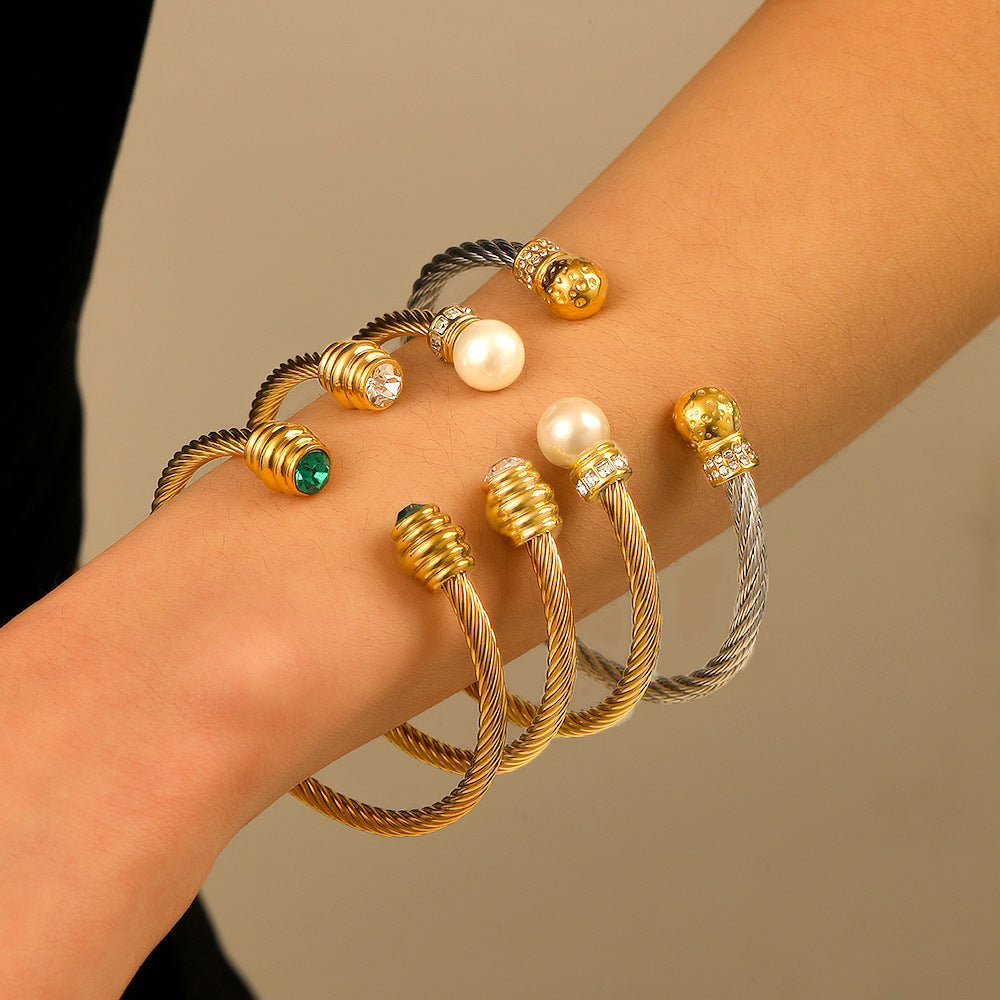 Stainless Steel Wire Rope Gold Bracelet Titanium Steel Open Trend Pearl Ladies Fashion High-End Bracelet