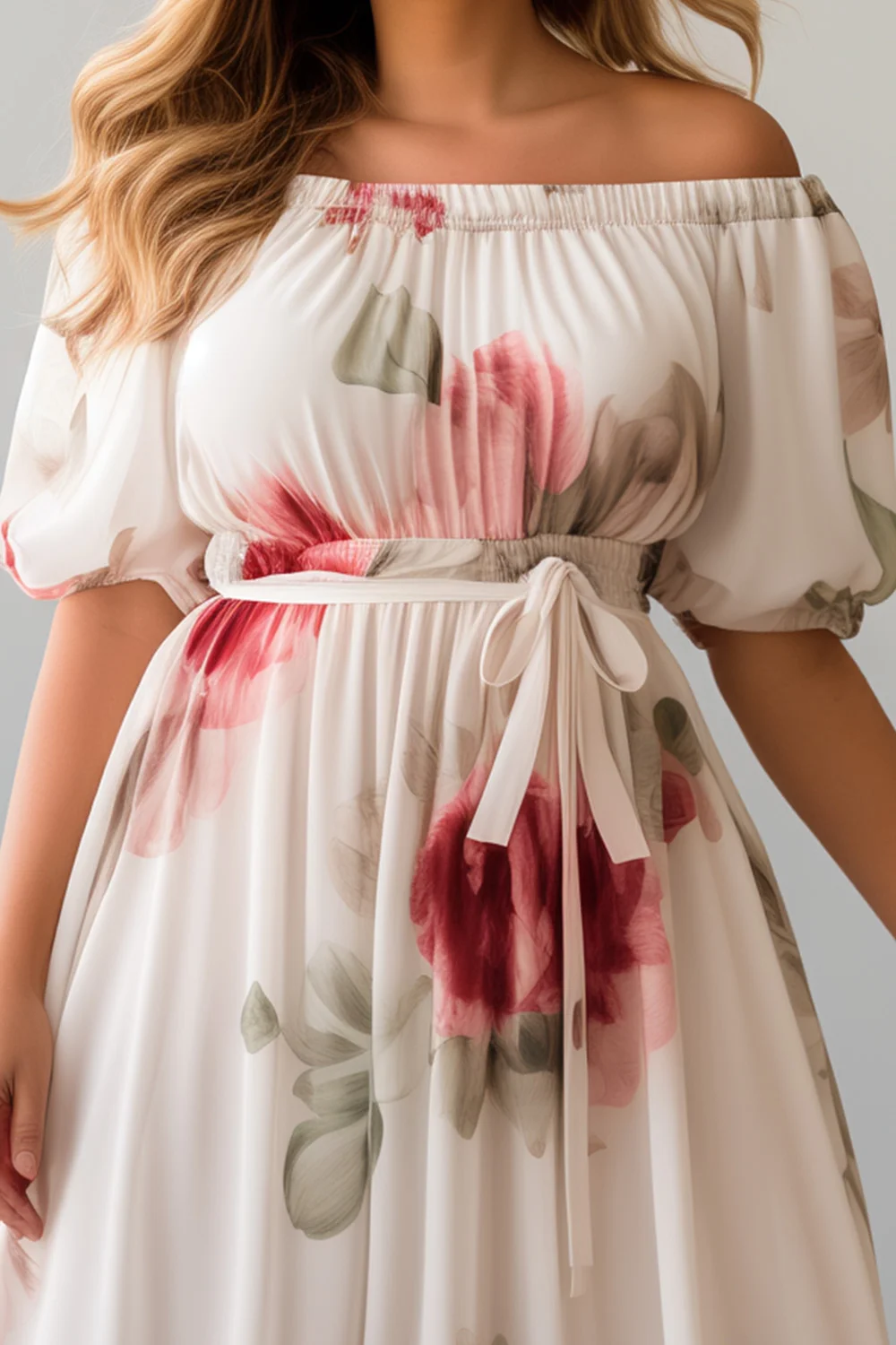 Flycurvy Plus Size Wedding Guest White Chiffon Floral Print Off The Shoulder Puff Sleeve Maxi Dress