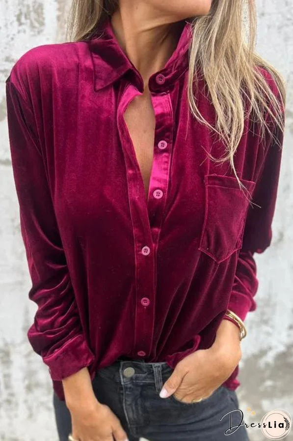 Solid Velvet Long-sleeved Single-breasted Loose Pocket Shirt