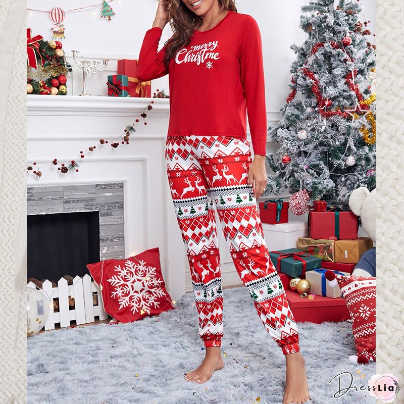 Christmas Letter Print Long Sleeve Top & Striped Pants Set