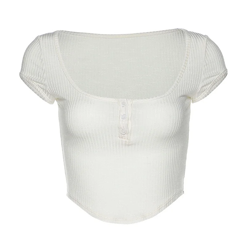 Ueong Ueong Summer Fashion New Women's U Collar Pure Color Sexy Crop Navel Slim Bottom Short Sleeves