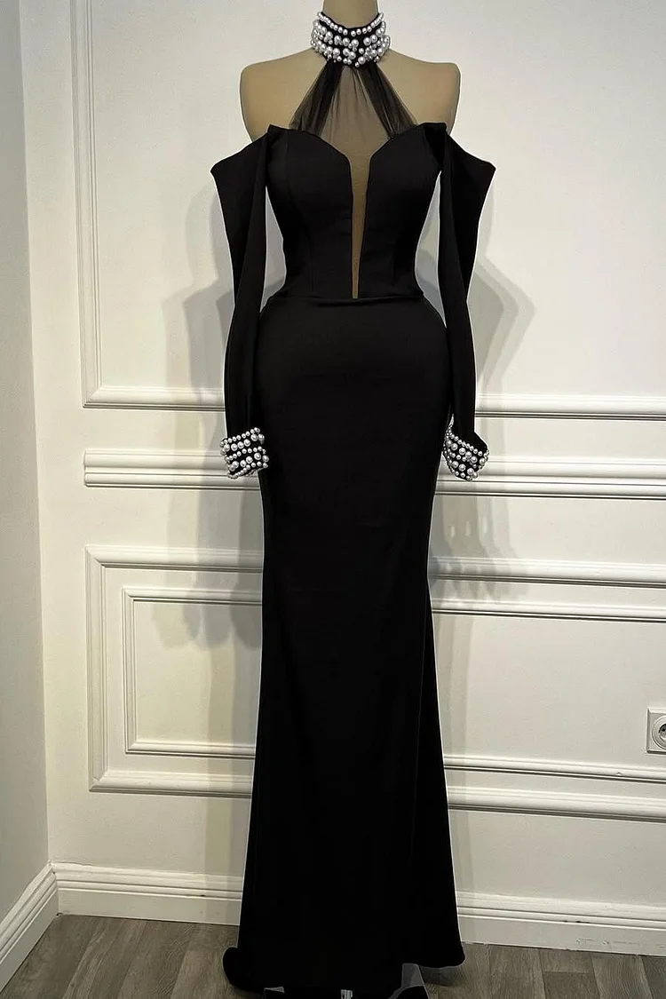 Hellodresses Halter Off the Shoulder Long Sleeves Mermaid Long Prom Dress With Beading