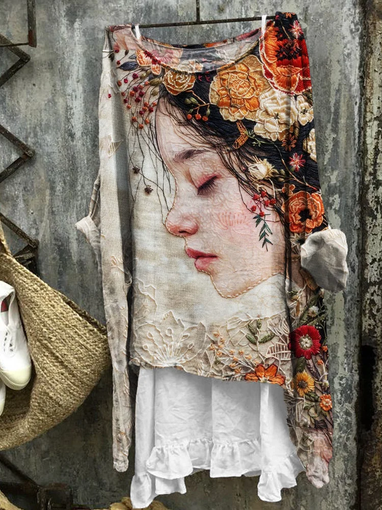 Classy Profile Floral Embroidered Lace Fiber Art Linen Blend Tunic