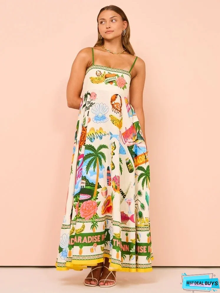 Women Suspender Graffiti Cotton and Linen Print Maxi Dress