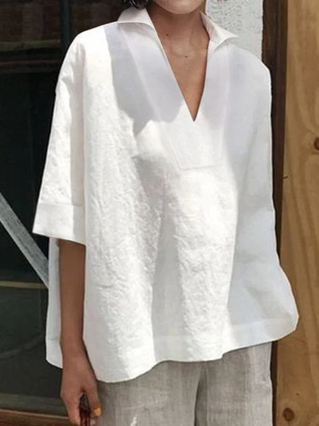 Women's Loose V-Neck Short Sleeve Solid Color Linen Top
