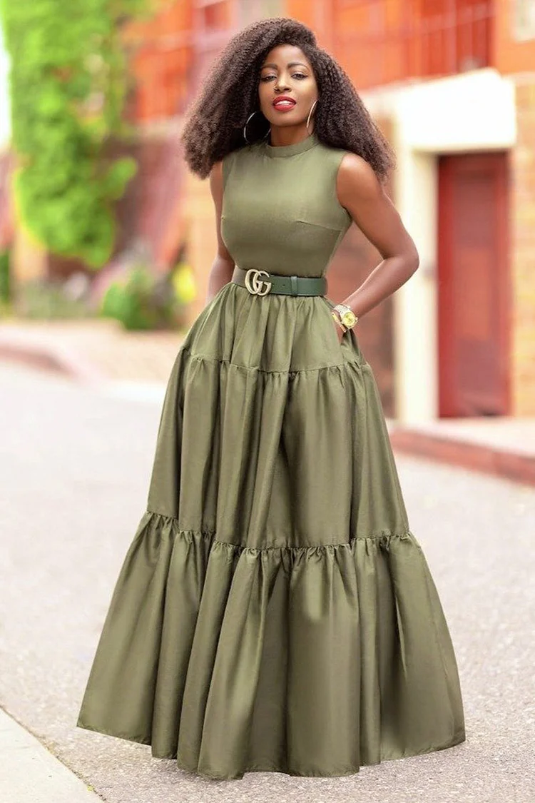 Mock Neck Sleeveless Big Swing Maxi Dresses