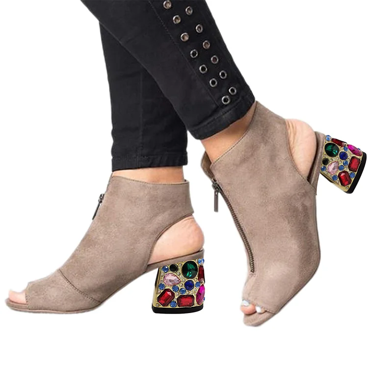 Gray Peep Toe Booties Gem Decorative Heel Slingback Ankle Boots |FSJ Shoes