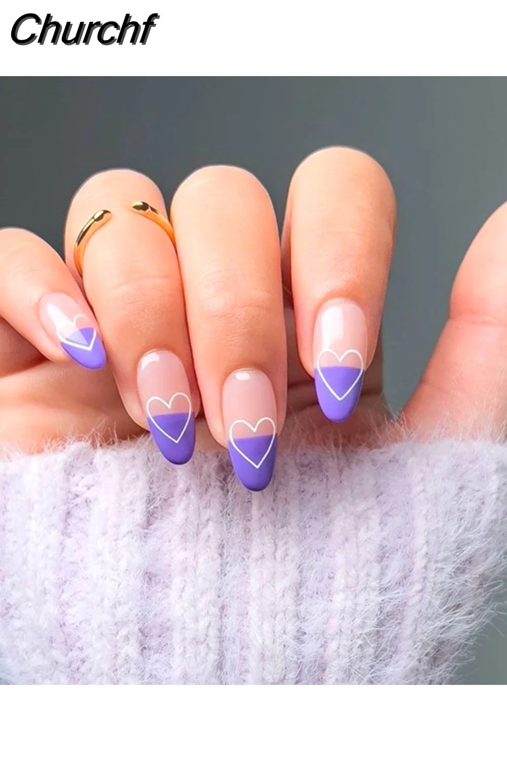 Churchf Almond False Nails Press On Nails Detachable Fake Nail Tip gold heart with Design Manicure Patches Press On Nails-Nail Inspo